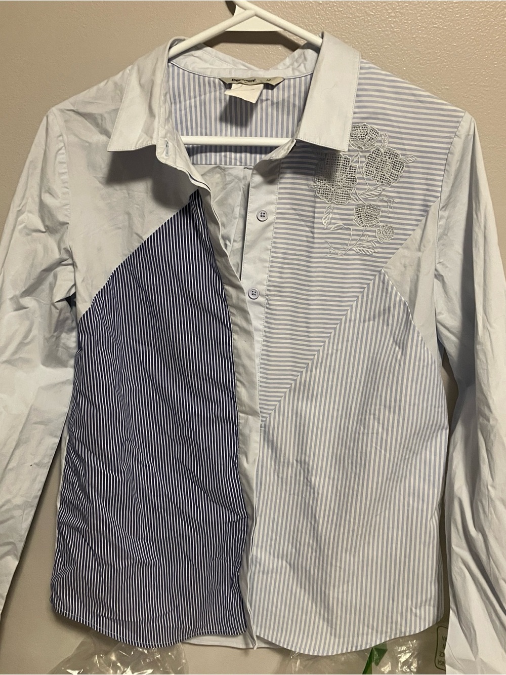 Desigual striped patchwork floral blue white shirt size medium
